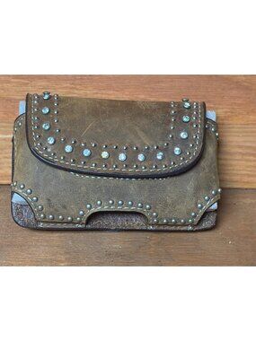 Nocona Western-Style Leather Cell Phone Holster Rhinestone Stud Accents Brown